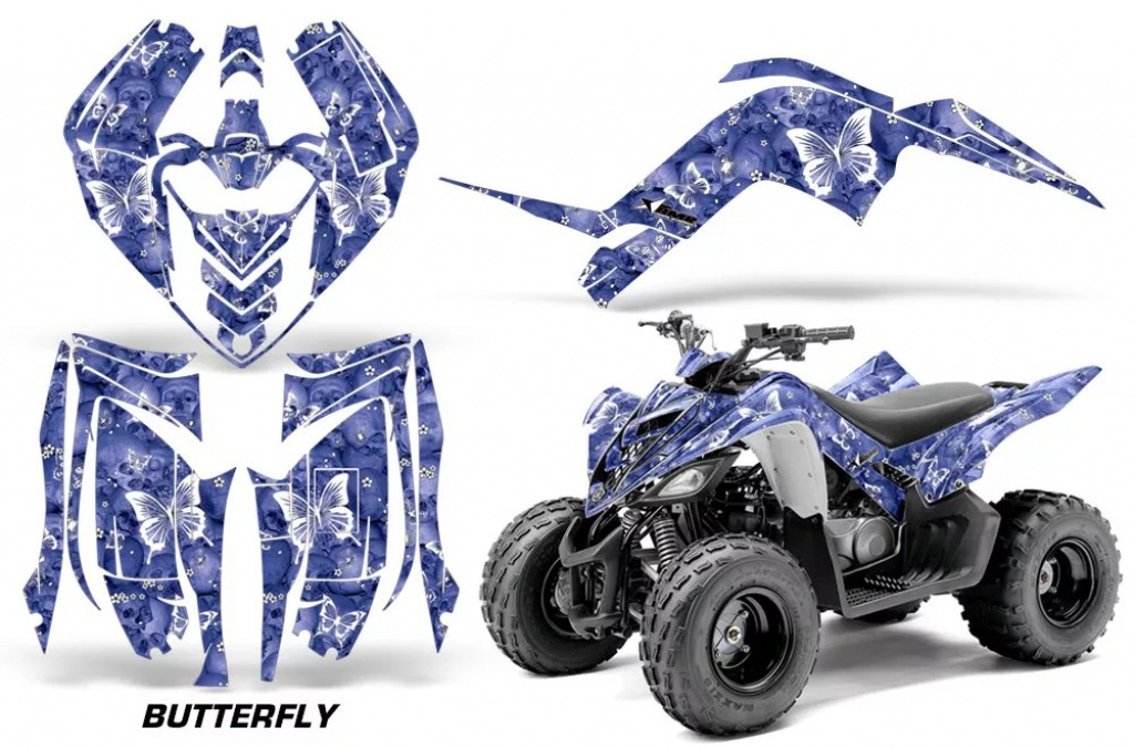 Butterfly Hintergrund = Blau, Designfarbe = Weiß für Yamaha Raptor 90 2009-2015