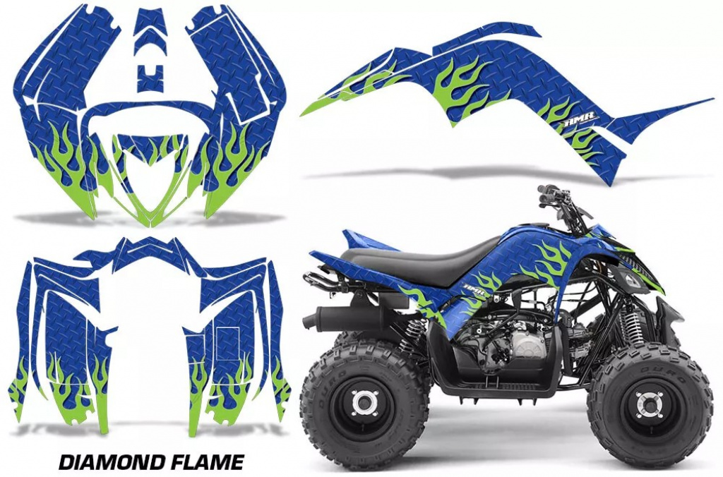 Diamond Flames Hintergrund = Blau, Designfarbe = Grün für Yamaha Raptor 90 2016+