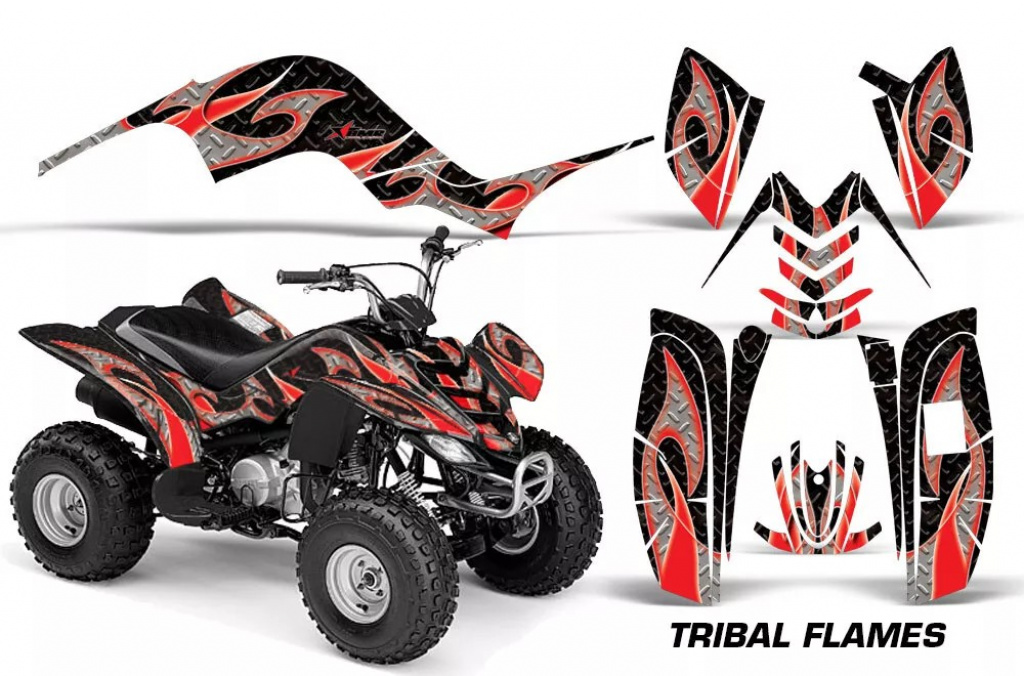 Tribal Flames Hintergrund = Schwarz, Designfarbe = Rot für Yamaha Raptor 80