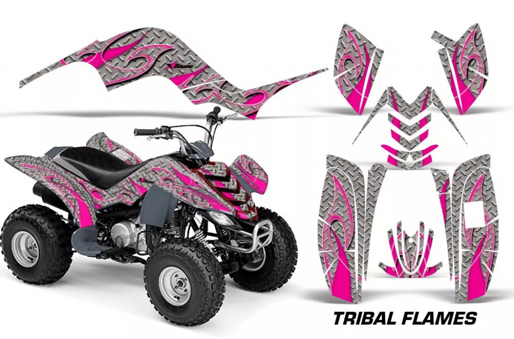 Tribal Flames Hintergrund = Silber, Designfarbe = Pink für Yamaha Raptor 80