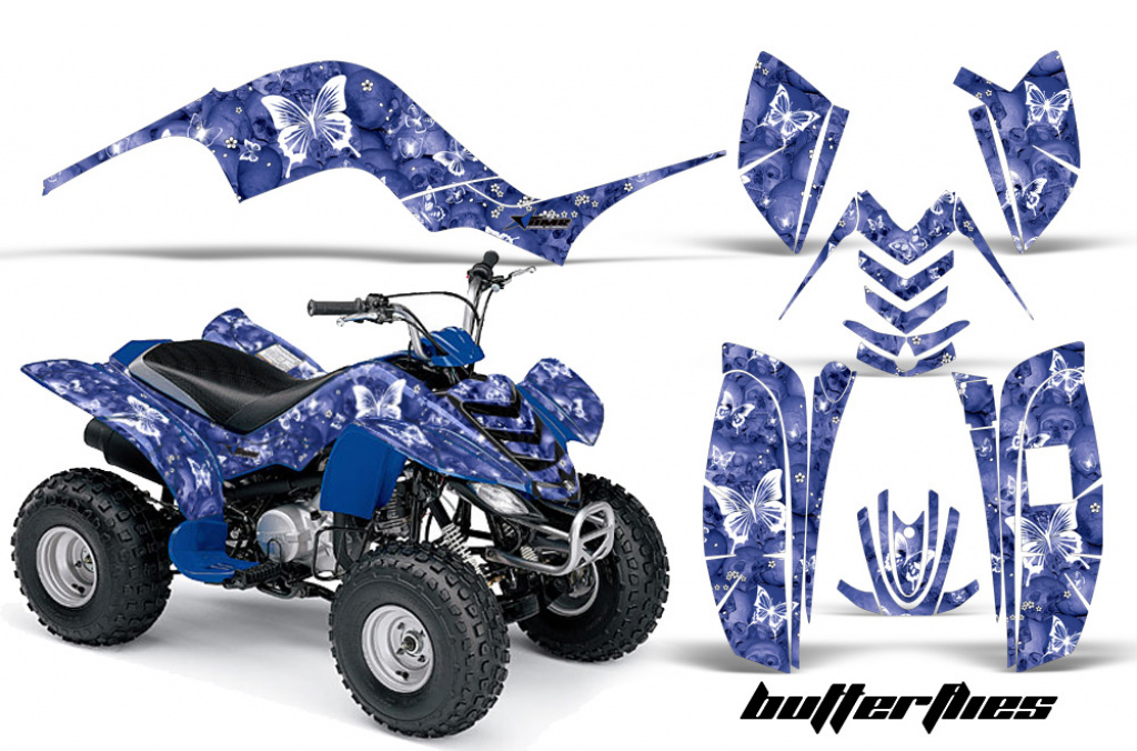 Butterfly Hintergrund = Blau, Designfarbe = Weiß für Yamaha Raptor 80