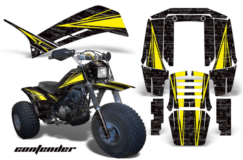 Contender Hintergrund = Schwarz, Designfarbe = Gelb für Yamaha Shaft DX 225 3 Wheeler 1983-1985
