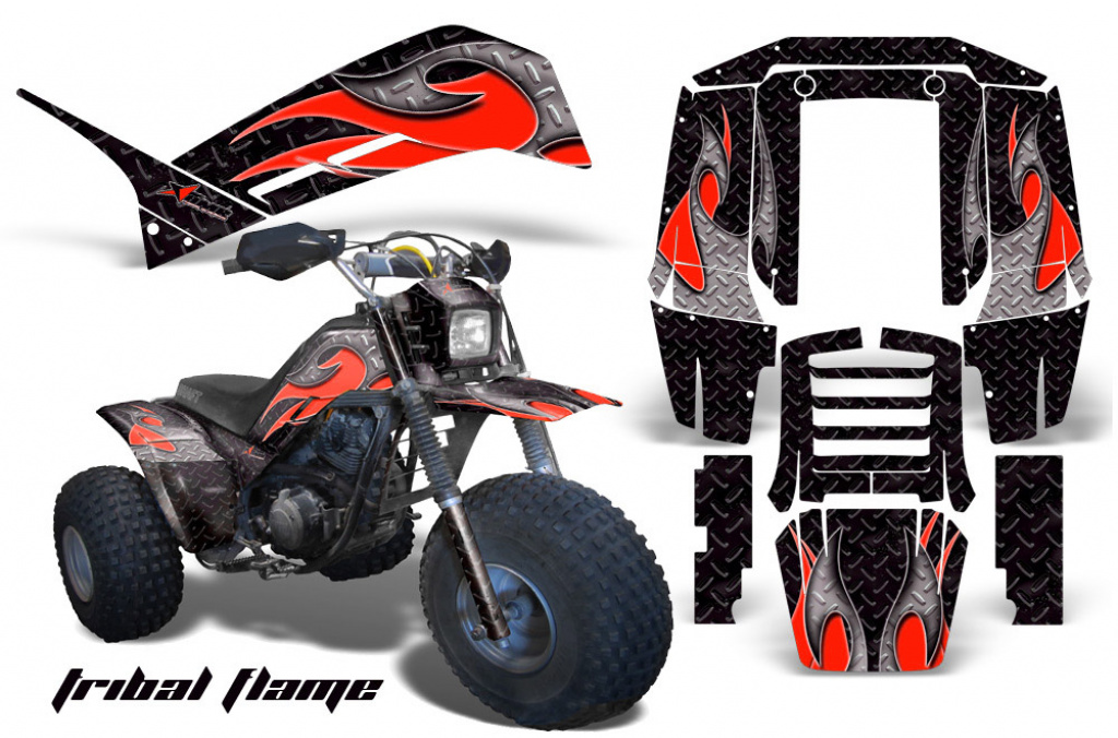 Tribal Flames Hintergrund = Schwarz, Designfarbe = Rot für Yamaha Shaft DX 225 3 Wheeler 1983-1985