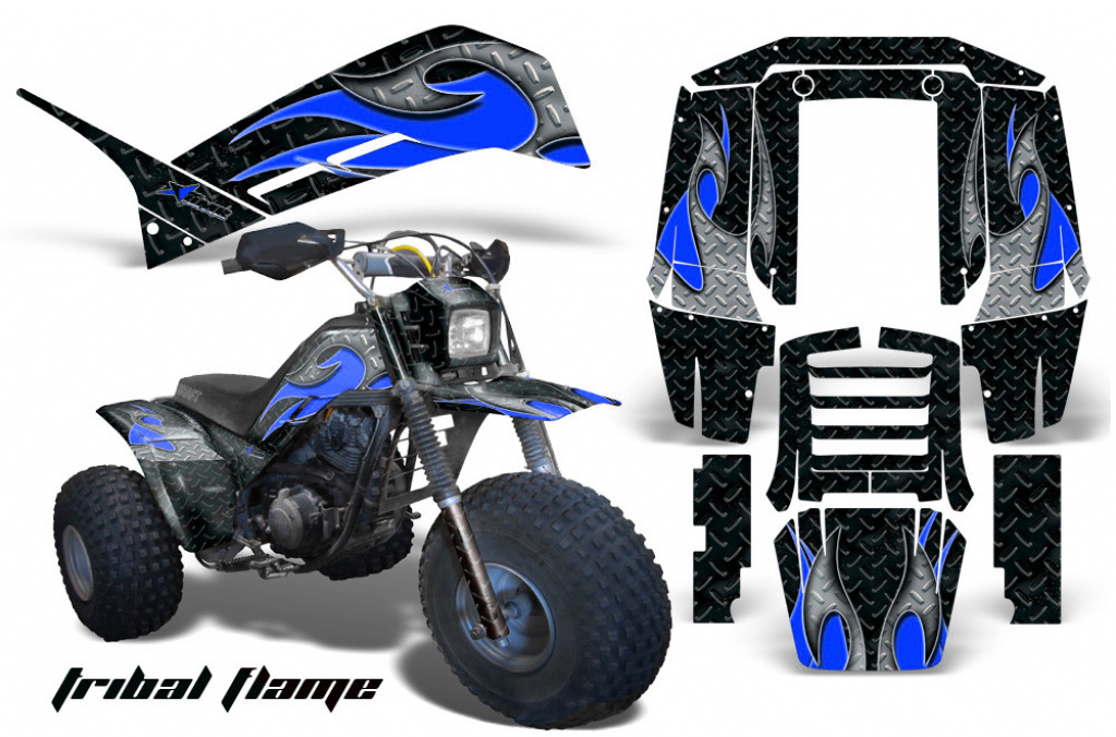 Tribal Flames Hintergrund = Schwarz, Designfarbe = Blau für Yamaha Shaft DX 225 3 Wheeler 1983-1985
