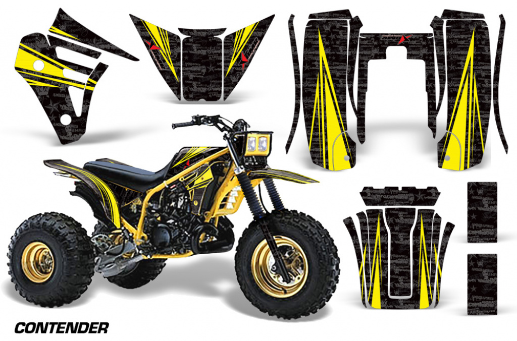 Contender Hintergrund = Schwarz, Designfarbe = Gelb für Yamaha Tri Z 250 3 Wheeler 1985-1986