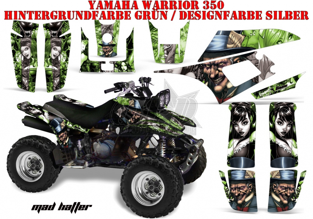 Mad-Hatter Hintergrund = Grün, Designfarbe = Silber für Yamaha Warrior YFM 350