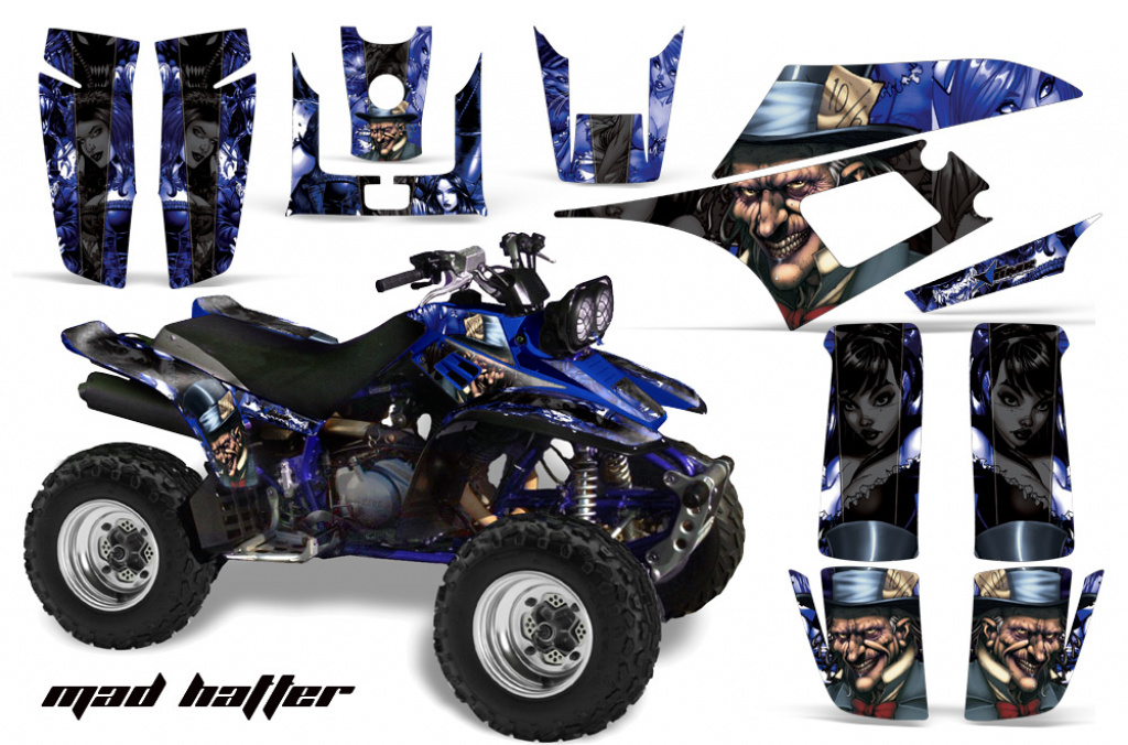 Mad-Hatter Hintergrund = Blau, Designfarbe = Schwarz für Yamaha Warrior YFM 350