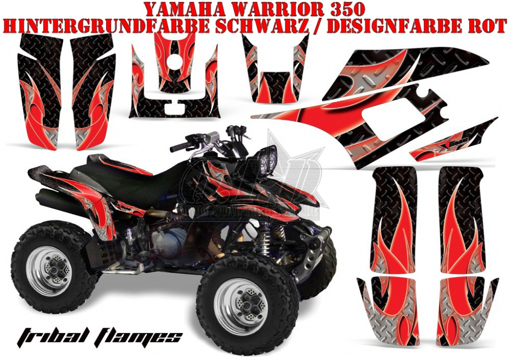 Tribal Flames Hintergrund = Schwarz, Designfarbe = Rot für Yamaha Warrior YFM 350