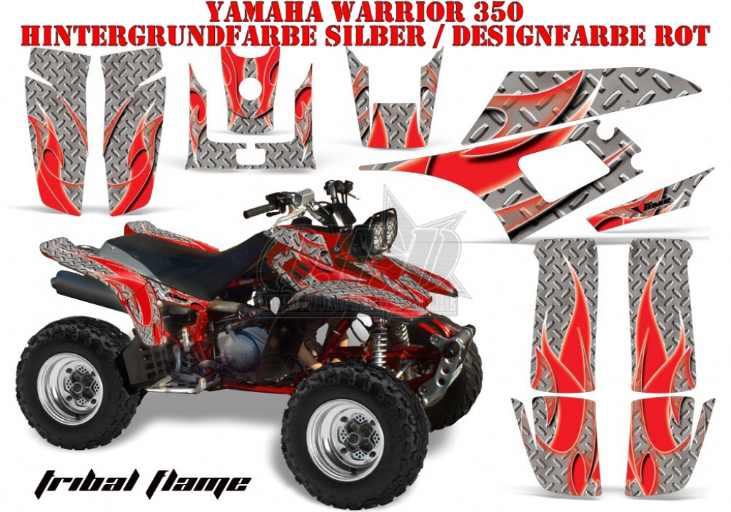 Tribal Flames Hintergrund = Silber, Designfarbe = Rot für Yamaha Warrior YFM 350