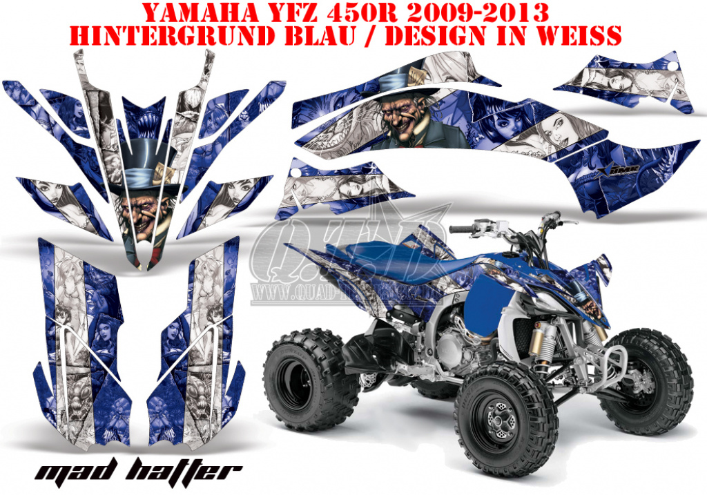 Mad-Hatter Hintergrund = Blau, Designfarbe = Weiß für Yamaha YFZ 450R/SE 2009-2013