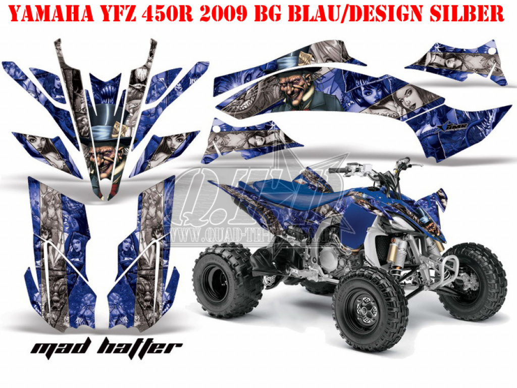 Mad-Hatter Hintergrund = Blau, Designfarbe = Silber für Yamaha YFZ 450R/SE 2009-2013