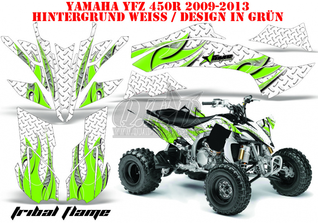 Tribal Flames Hintergrund = Weiß, Designfarbe = Grün für Yamaha YFZ 450R/SE 2009-2013