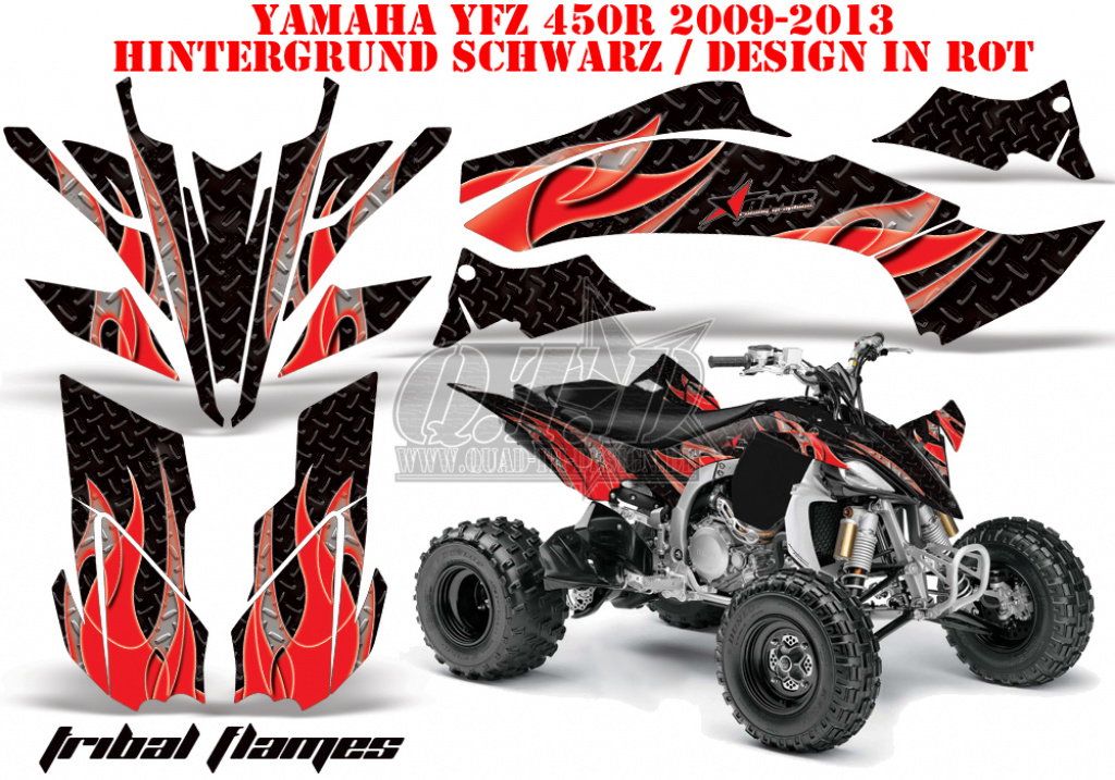 Tribal Flames Hintergrund = Schwarz, Designfarbe = Rot für Yamaha YFZ 450R/SE 2009-2013