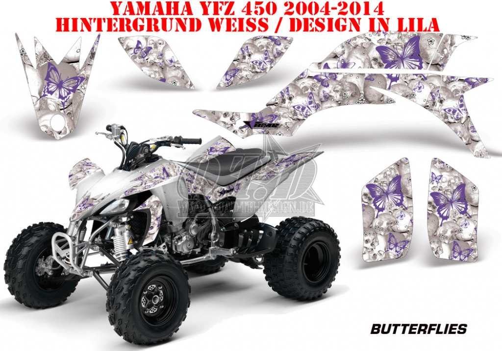 Butterfly Hintergrund = Weiß, Designfarbe = Lila für Yamaha YFZ 450 2004-2008 & 2012-2014