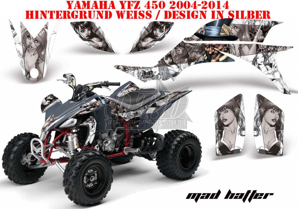 Mad-Hatter Hintergrund = Weiß, Designfarbe = Silber für Yamaha YFZ 450 2004-2008 & 2012-2014