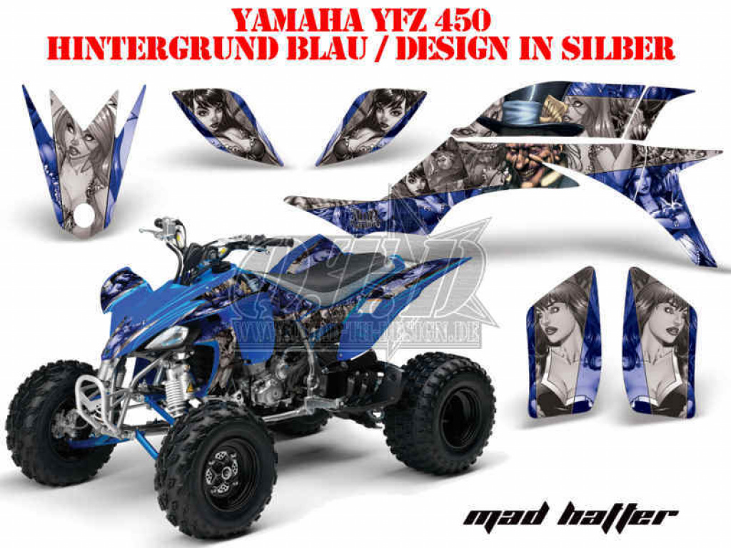 Mad-Hatter Hintergrund = Blau, Designfarbe = Silber für Yamaha YFZ 450 2004-2008 & 2012-2014