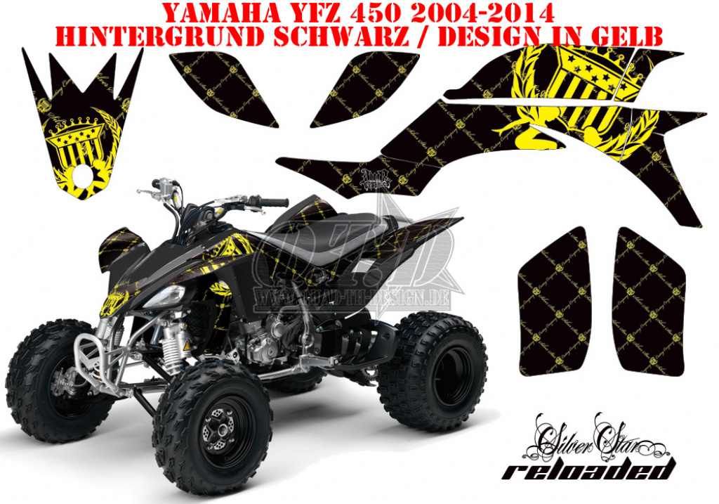 SilverStar - Reloaded Hintergrund = Schwarz, Designfarbe = Gelb für Yamaha YFZ 450 2004-2008 & 2012-2014