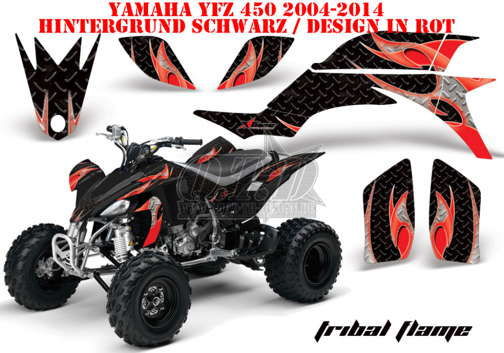 Tribal Flames Hintergrund = Schwarz, Designfarbe = Rot für Yamaha YFZ 450 2004-2008 & 2012-2014