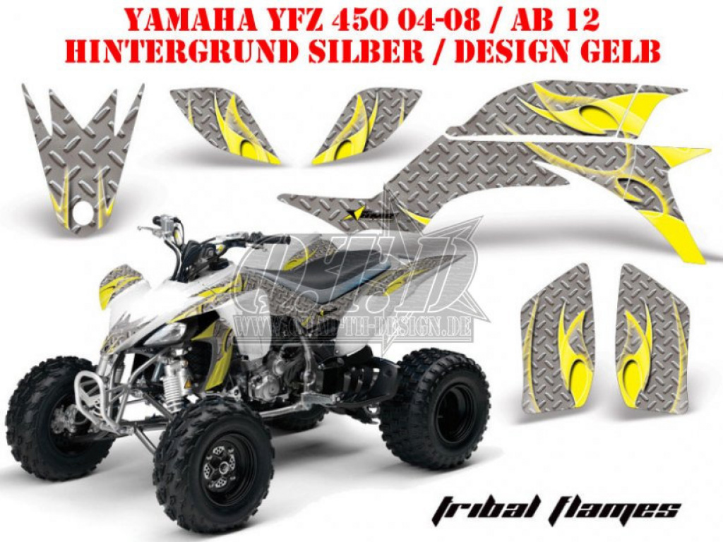 Tribal Flames Hintergrund = Silber, Designfarbe = Gelb für Yamaha YFZ 450 2004-2008 & 2012-2014