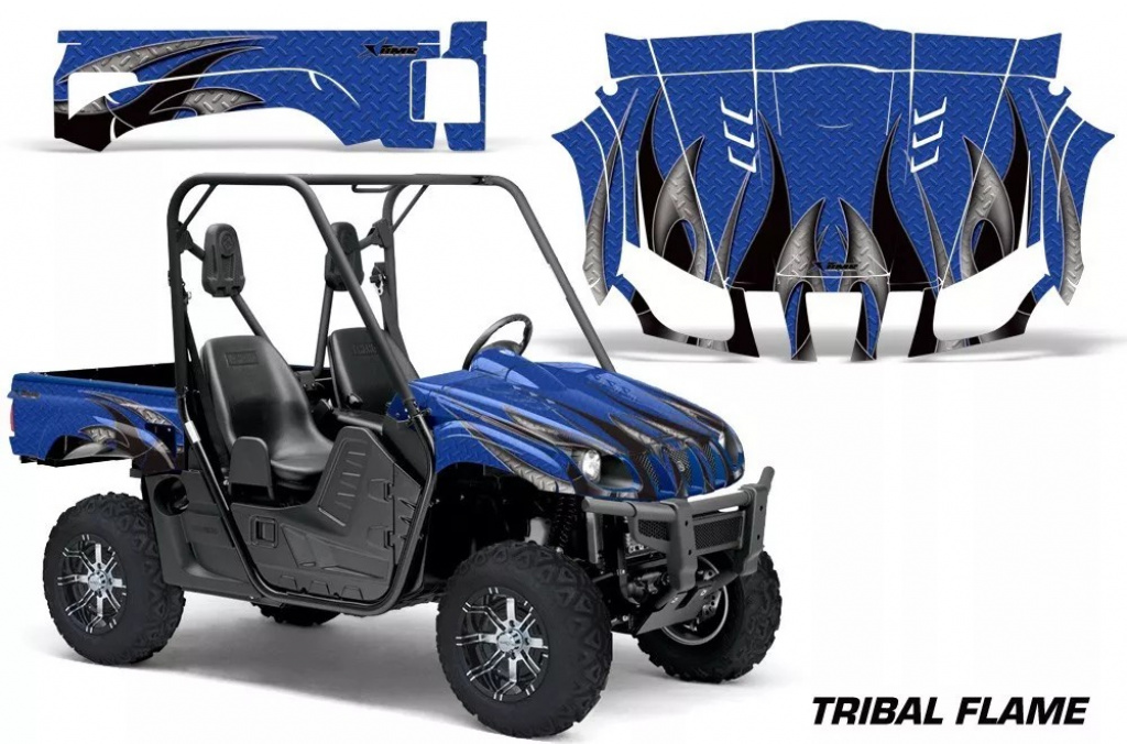 Tribal Flames Background = Blue, Design color = Black for Yamaha Rhino 700/660/450