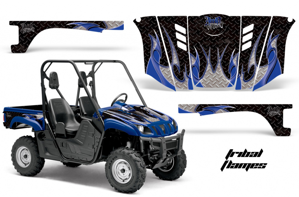 Tribal Flames Background = Black, Design color = Blue for Yamaha Rhino 700/660/450