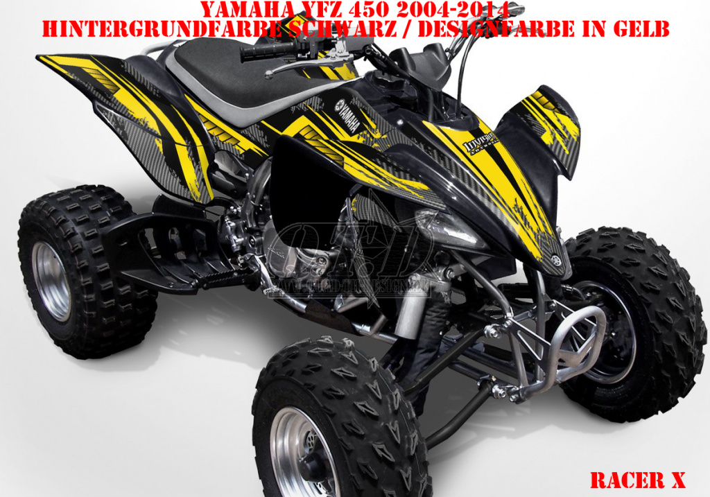 Racer-X Hintergrundfarbe = Schwarz, Designfarbe = Gelb für Yamaha YFZ 450 2004-2008 & 2012-2014