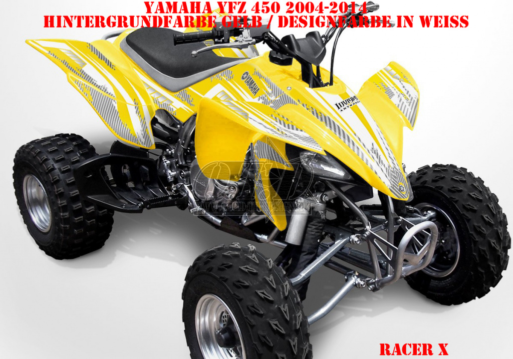 Racer-X Hintergrundfarbe = Gelb, Designfarbe = Weiß für Yamaha YFZ 450 2004-2008 & 2012-2014